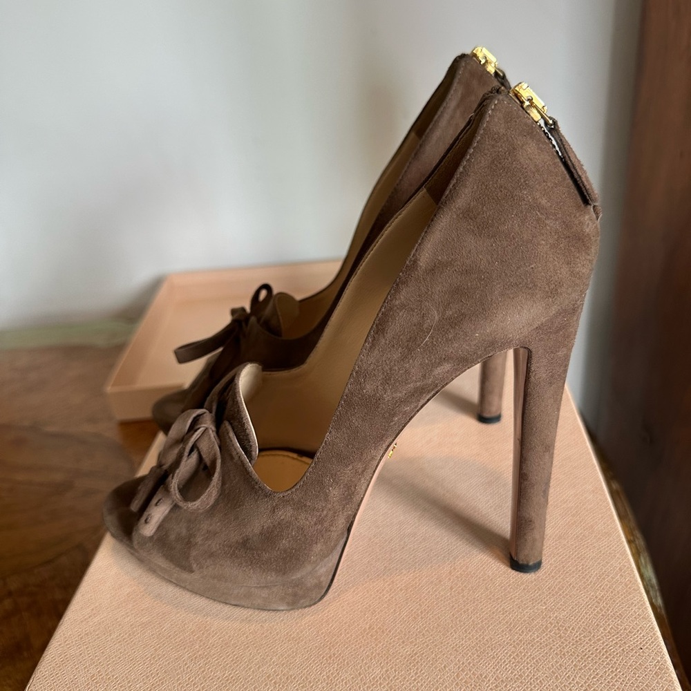 Prada Brown Suede Peep-Toe Lace-Up Platform Heels 9 9.5 EU 39.5 - Picture 4 of 16